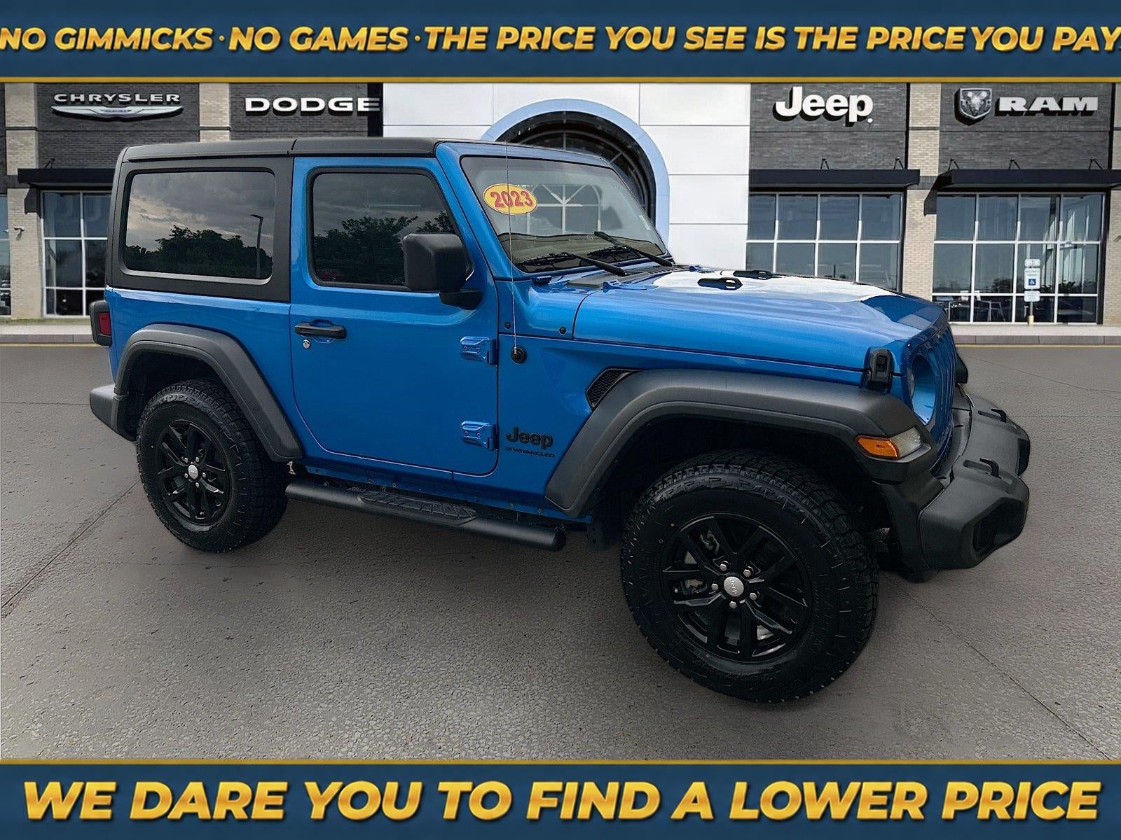 2023 Jeep Wrangler 2-Door Sport S 4x4 in Hydro Blue Pearlcoat — front three-quarter view