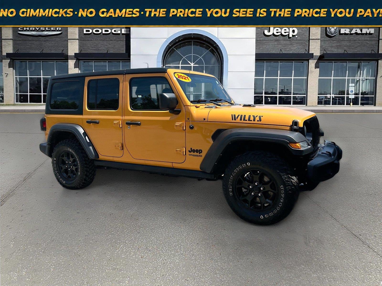 2021 Jeep Wrangler Unlimited Willys Sport 4x4 in Nacho Clearcoat — front three-quarter view