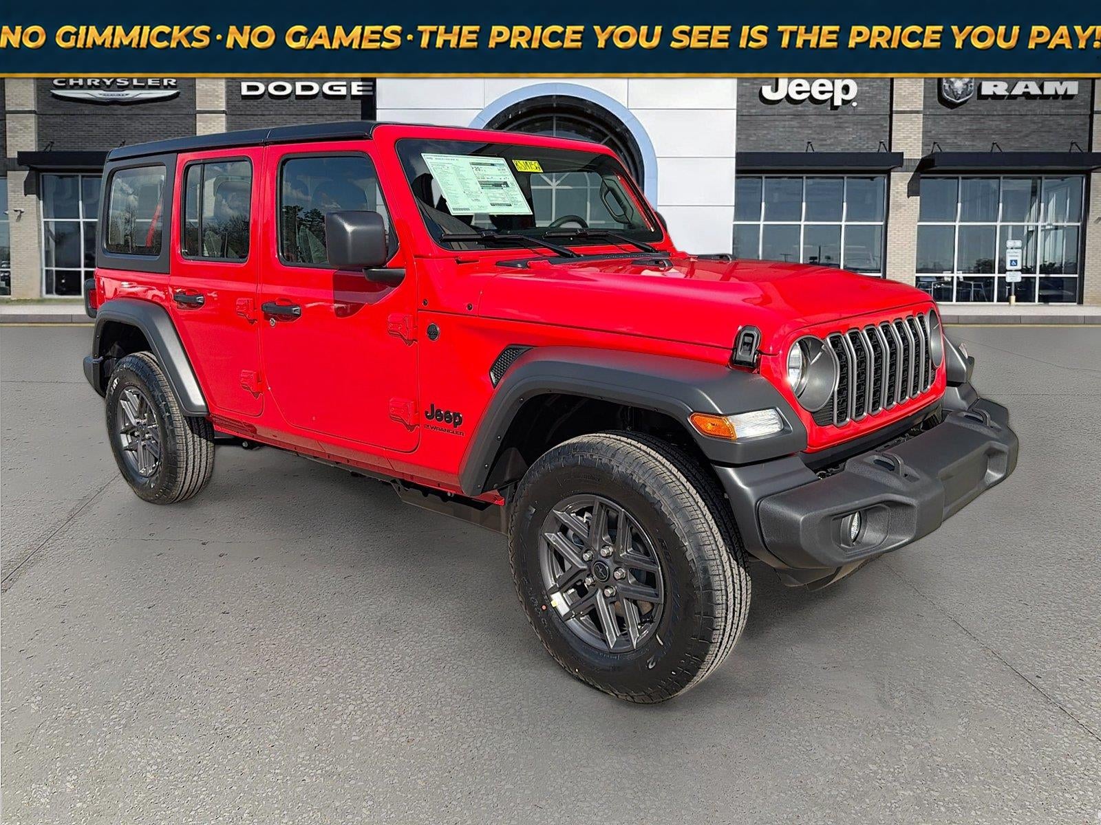 2026 Jeep Wrangler WRANGLER 4-DOOR SPORT in Firecracker Red Clear-Coat Exterior Paint — front three-quarter view