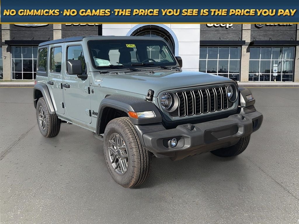 2026 Jeep Wrangler WRANGLER 4-DOOR SPORT in Anvil Clear-Coat Exterior Paint — front three-quarter view
