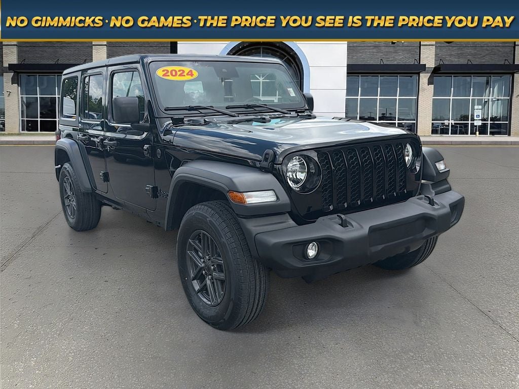 2024 Jeep Wrangler 4-Door Sport S 4x4 in Black Clearcoat — front three-quarter view