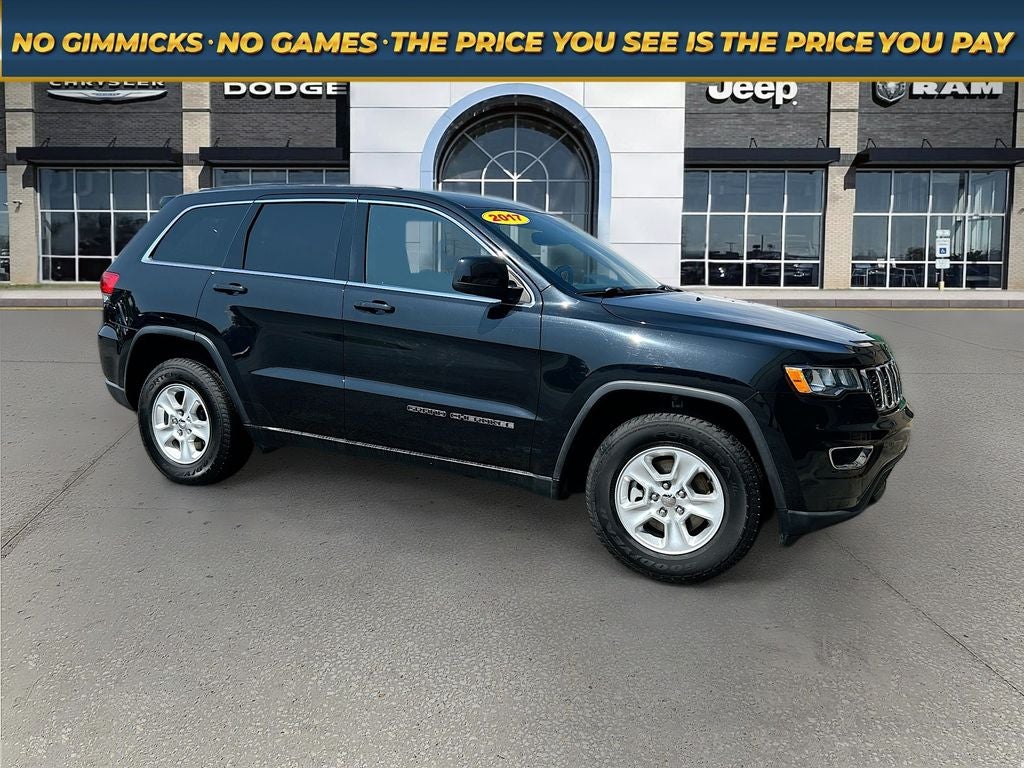 2017 Jeep Grand Cherokee Laredo in Diamond Black Crystal Pearlcoat — front three-quarter view