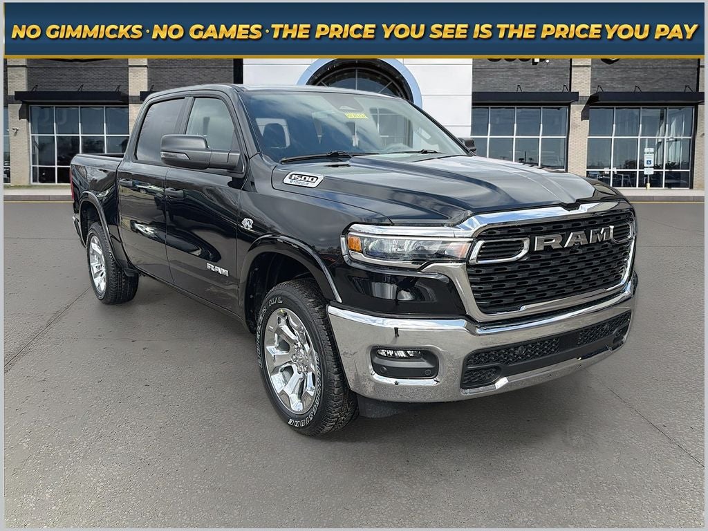 2026 RAM Ram 1500 RAM 1500 BIG HORN CREW CAB 4X4 5'7' BOX in Diamond Black Crystal Pearl-Coat Exterior Paint — front three-quarter view