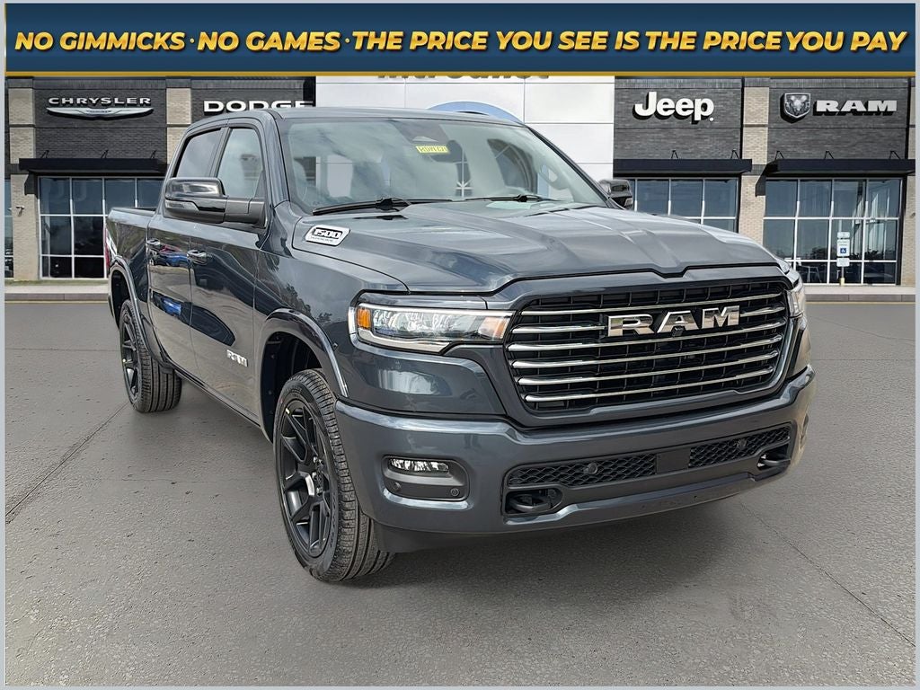 2026 RAM Ram 1500 RAM 1500 LARAMIE CREW CAB 4X4 5'7' BOX in Forged Blue Metallic Exterior Paint — front three-quarter view