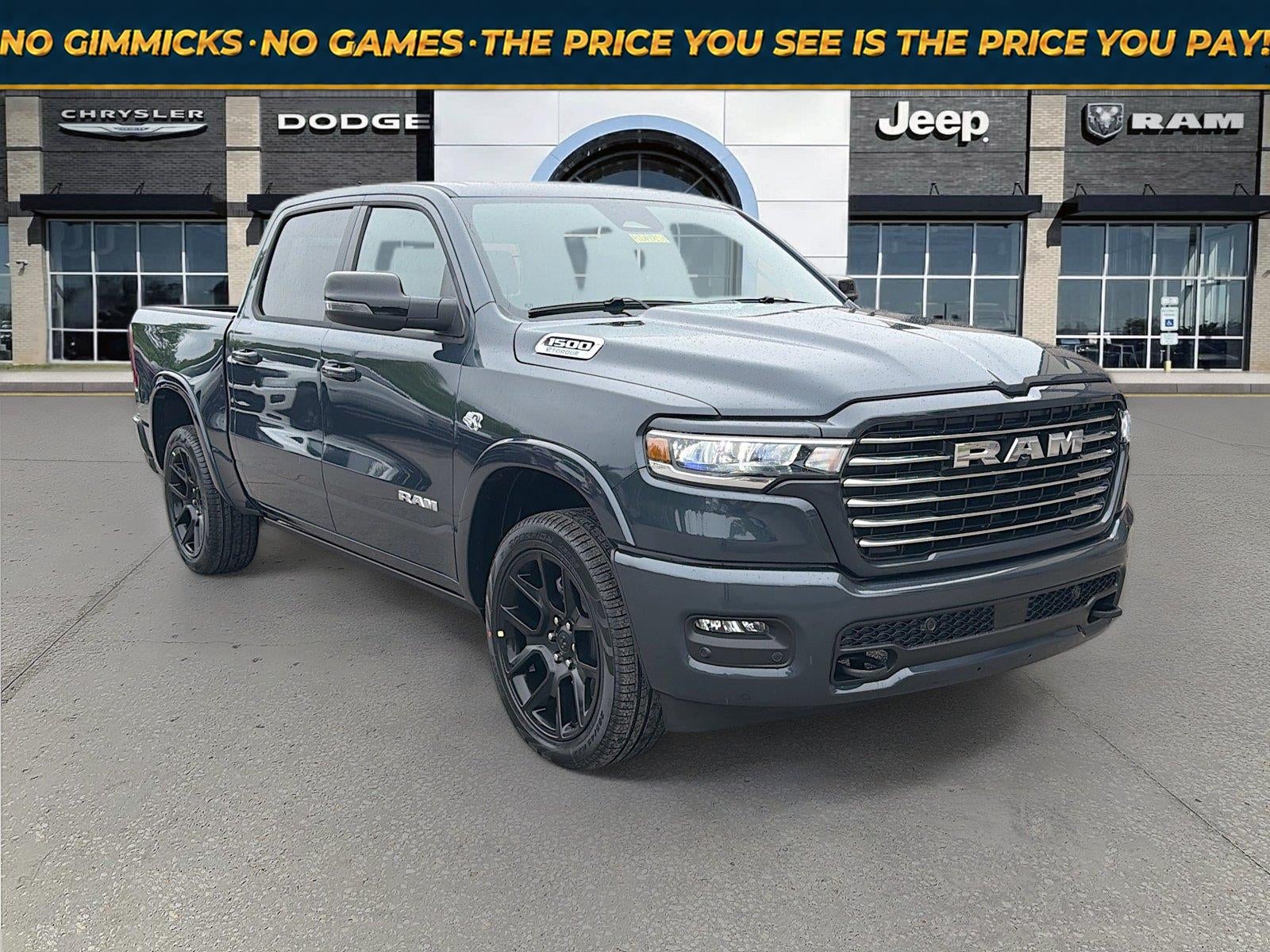 2026 RAM Ram 1500 RAM 1500 LARAMIE CREW CAB 4X4 5'7' BOX in Forged Blue Metallic Exterior Paint — front three-quarter view
