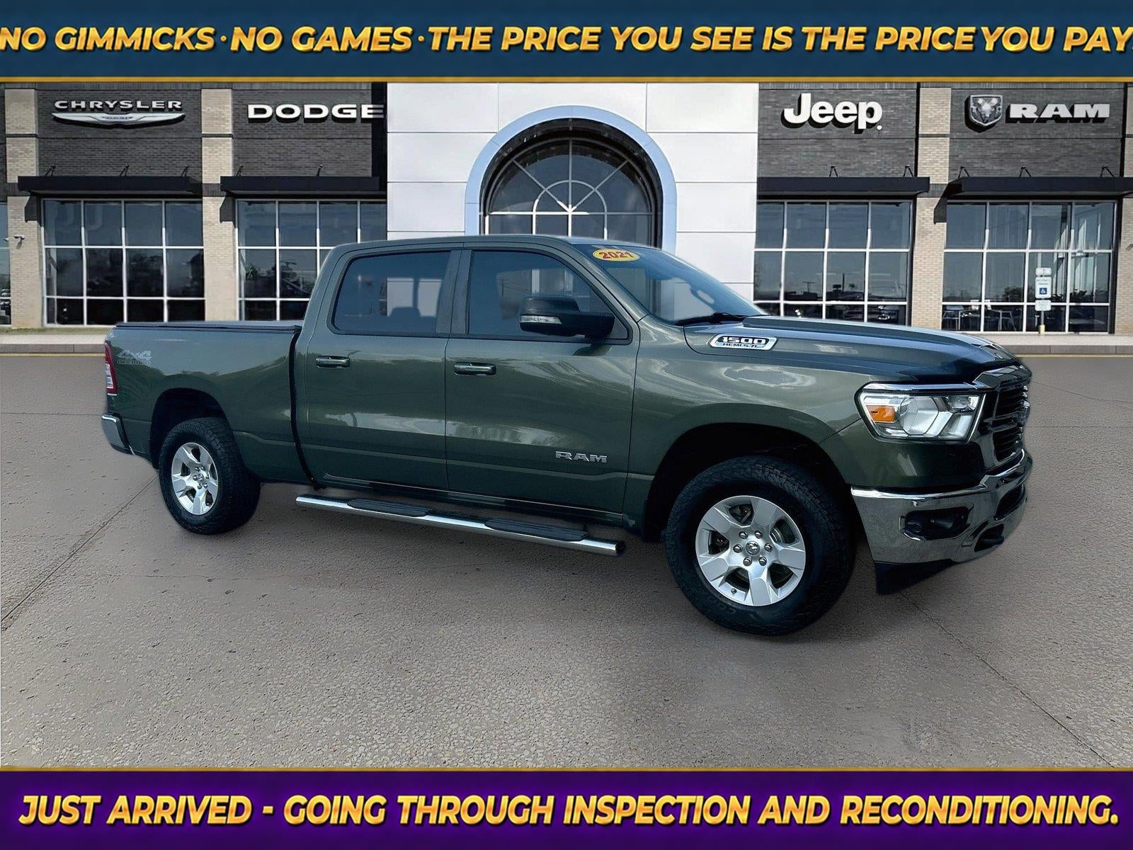 2021 RAM 1500 Big Horn/Lone Star in Olive Green Pearlcoat — front three-quarter view
