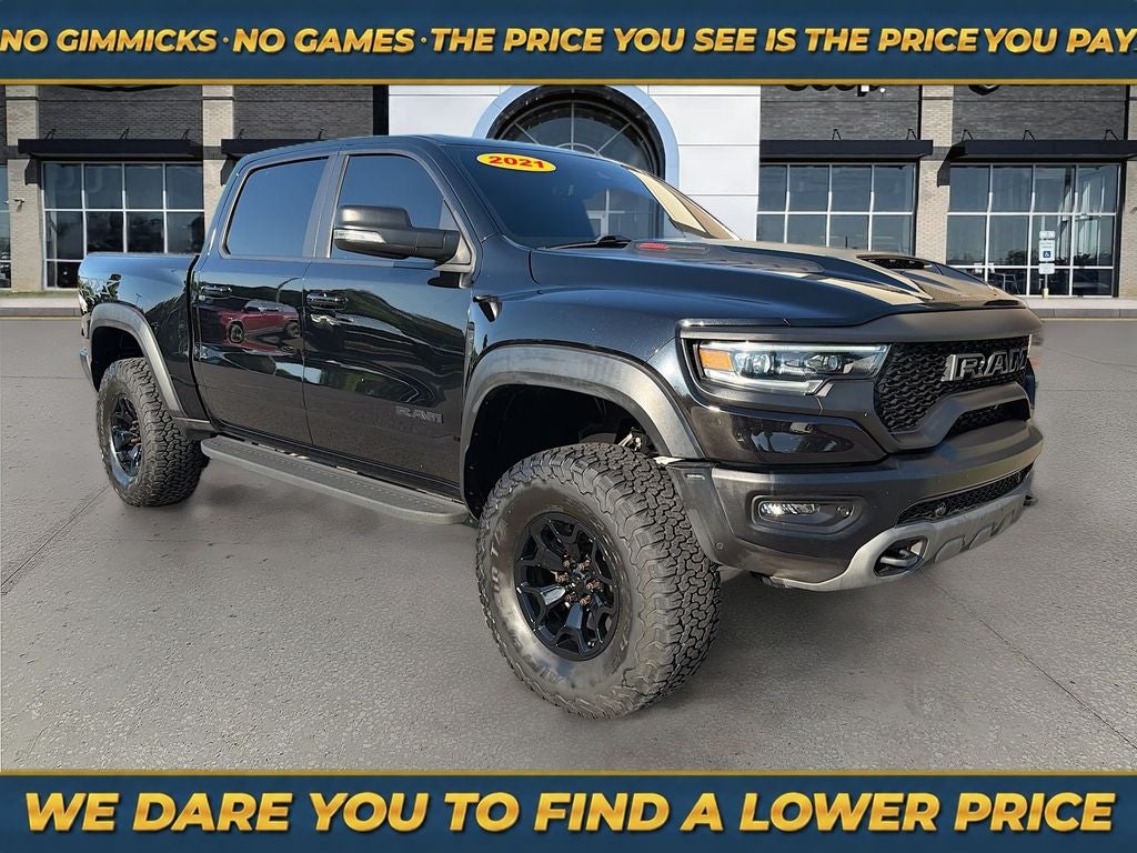 2021 RAM 1500 TRX Crew Cab 4x4 5'7' Box in Diamond Black Crystal Pearlcoat — front three-quarter view