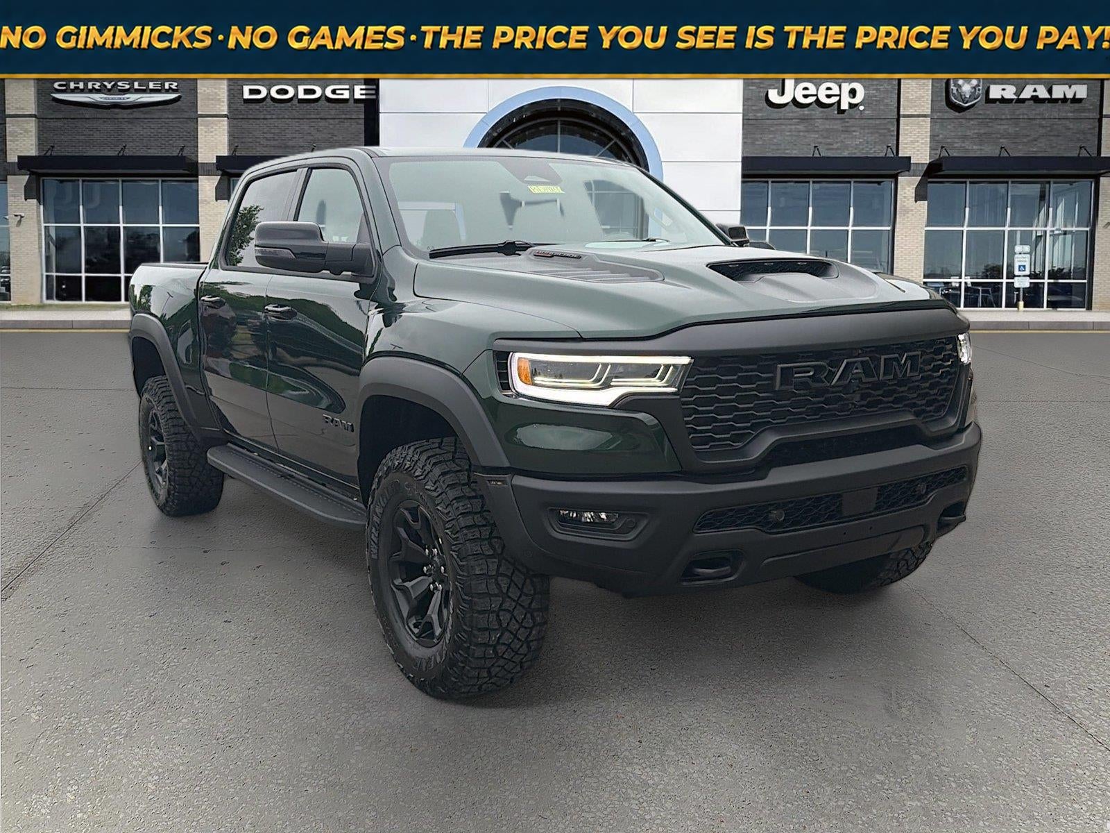 2026 RAM Ram 1500 RAM 1500 RHO CREW CAB 4X4 5'7' BOX in Serrano-Green Metallic Exterior Paint — front three-quarter view