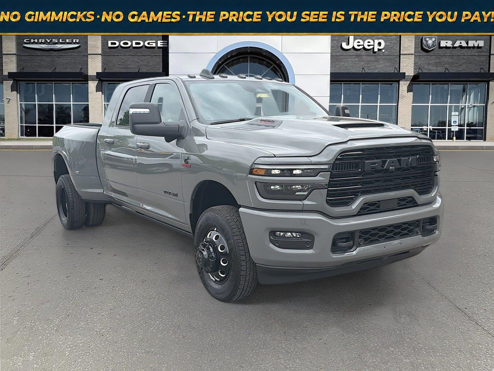2026 RAM Ram 3500 RAM 3500 LARAMIE MEGA CAB 4X4 6'4' BOX in Ceramic Gray Clear-Coat Exterior Paint — front three-quarter view