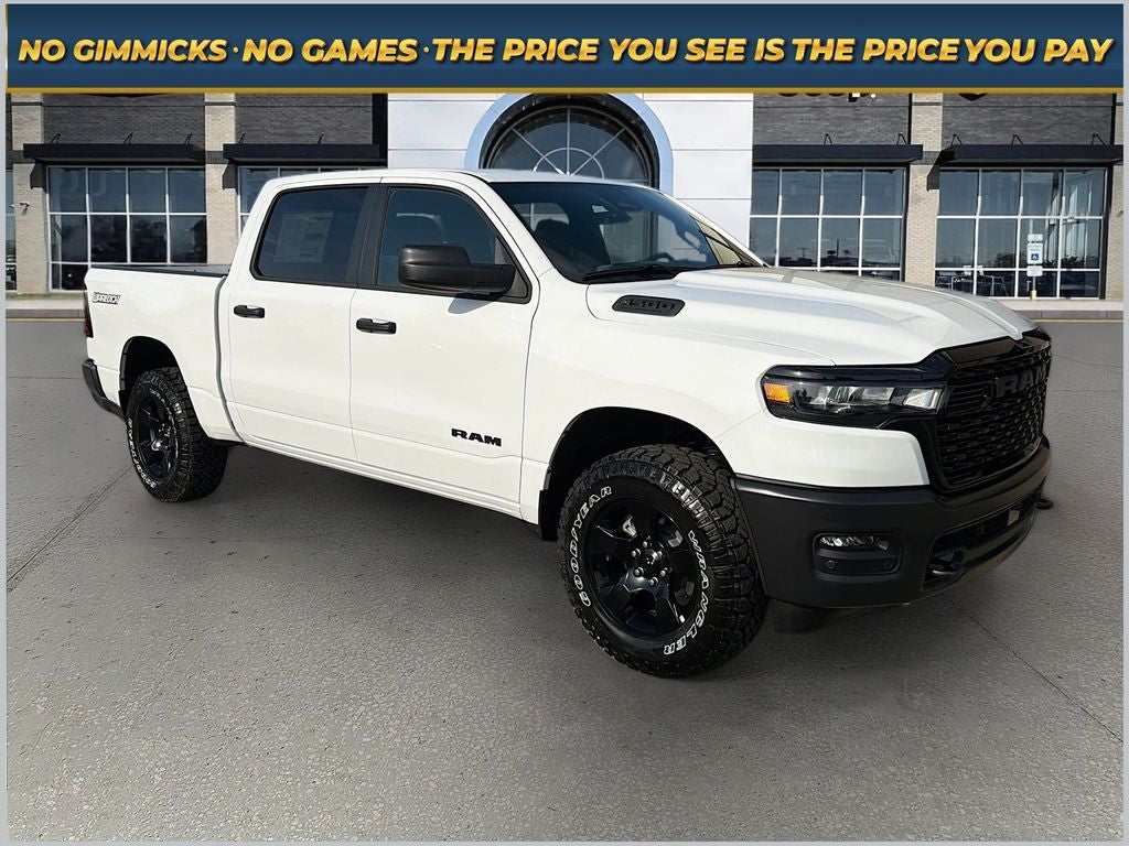 2026 RAM Ram 1500 RAM 1500 WARLOCK CREW CAB 4X4 5'7' BOX in Bright White Clear-Coat Exterior Paint — front three-quarter view