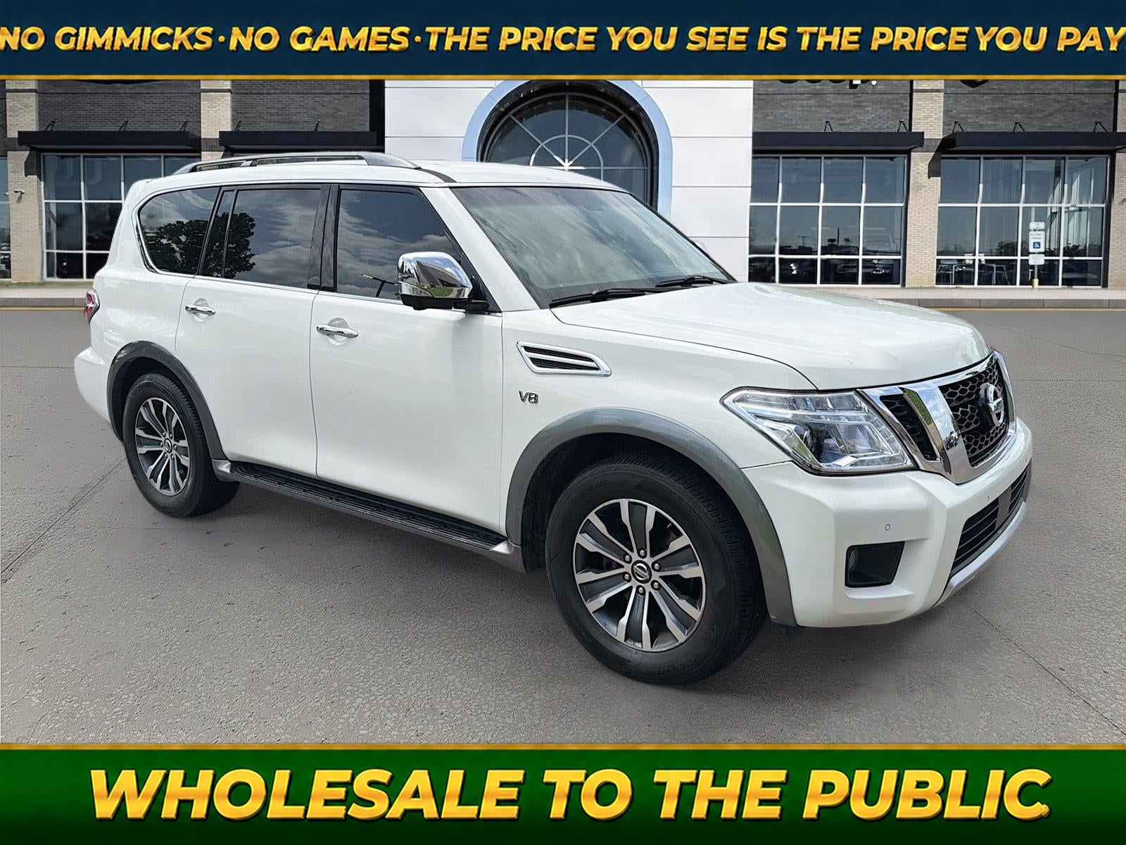 2017 Nissan Armada SL in Pearl White — front three-quarter view
